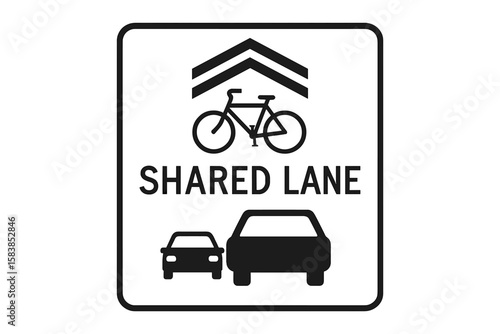 Shared Lane road sign vector icon. Sharrow symbol for bicycle and car traffic awareness. Urban transportation safety, cycling rules, and driving regulations. Street signage.