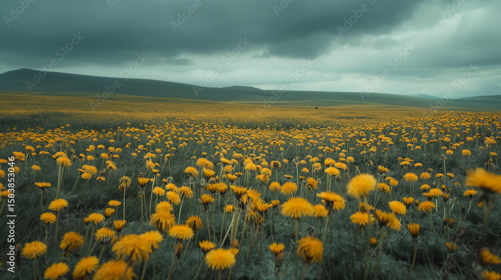 Obraz premium Vast Field of Dandelions Under Dramatic Overcast Sky