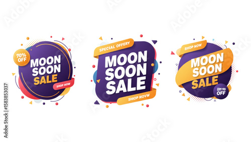 Colorful promotion badges highlight moon soon sale event offers and discounts for digital marketing campaigns.