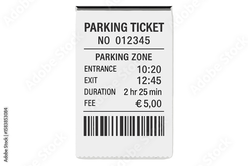 Parking Ticket Receipt Template for Car Parking Zone – Paper Ticket from Machine Slot, Payment Station, Entrance and Exit Times, Duration, Fee, Barcode, Urban Parking System