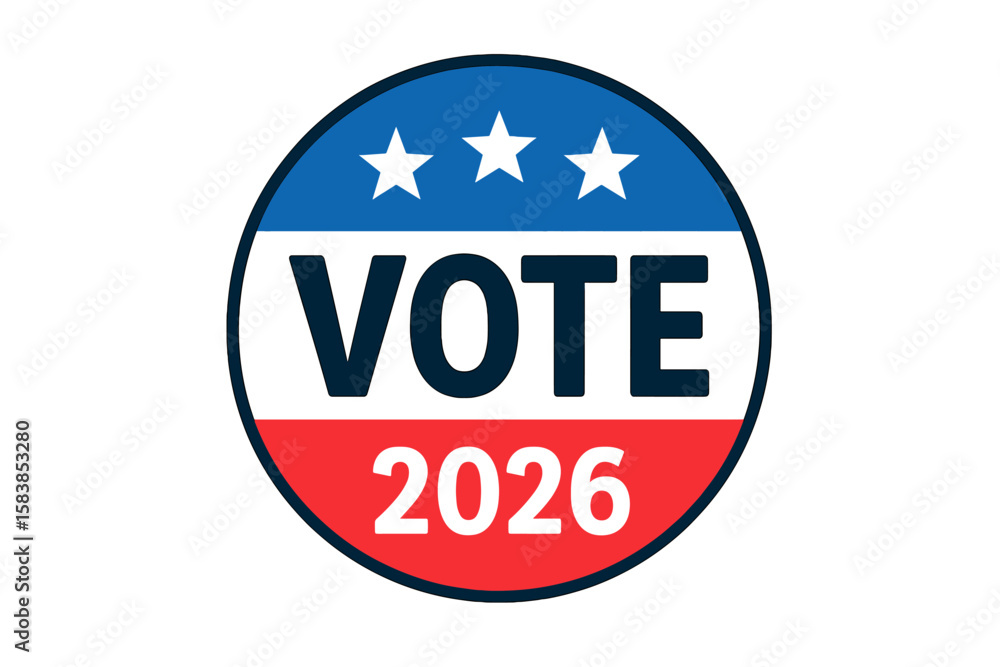 Patriotic Vote 2026 Badge—Modern USA Election Campaign Button, Stars and Stripes, Red White Blue, Political Participation Symbol, Transparent Vector, Get Out the Vote Promotion Patriotic Vote 2026 Badge—Modern USA Election Campaign Button, Stars and Stripes, Red White Blue, Political Participation Symbol, Transparent Vector, Get Out the Vote Promotion