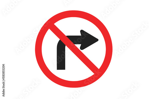 No Right Turn Traffic Sign Vector Illustration. Prohibited Right Turn Road Symbol. Red Circle Warning Sign. Urban Traffic Regulation. Highway Safety. Black Arrow. Isolated Transparent PNG Clipart.