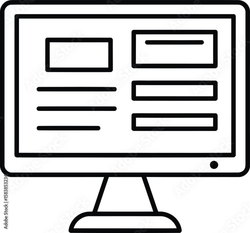 Monitor's Interface: A minimalist black-and-white vector-style illustration of a computer monitor displaying a user interface. Emphasizing modern design, technology, and data.