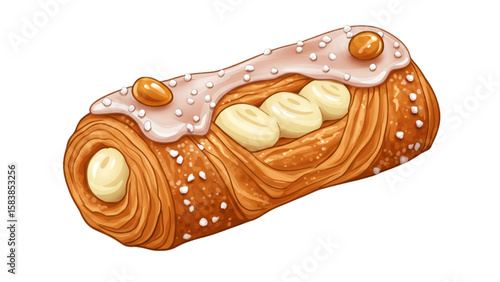 Delightful danish pastry graphic featuring icing, almonds, and a creamy filling, perfect for menus or bakery-themed designs