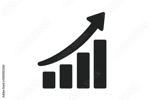 Growing bar graph icon with arrow going up. Financial success and profit growth symbol. Business development and progress chart. Market trend and data analysis vector illustration.