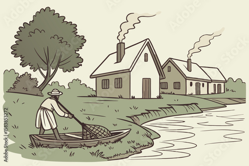 Man fishing from boat near village houses on a riverbank