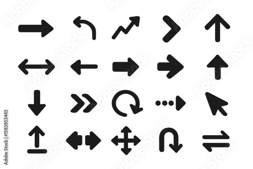 Black arrow vector icon set. Collection of different arrow signs and cursor pointers for web design, UI, UX, and app interface. Simple flat style direction symbols.