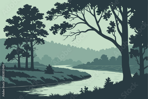 Silhouetted Trees Along Winding River Landscape nature