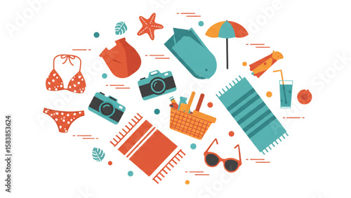 Vibrant beach day essentials displayed, offering a summery vibe perfect for travel themes, promotional graphics, and eye-catching design projects.
