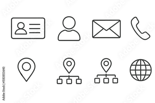 Business card contact information icons set. Thin line style symbols for communication. Vector icons for website, user profile, email, phone, and address location.