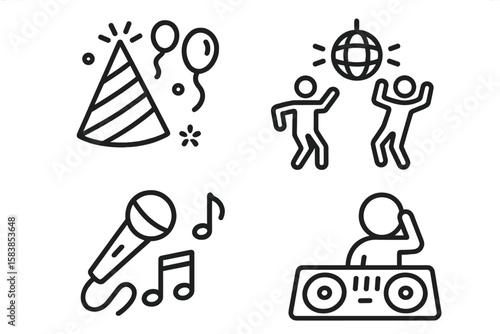 Party Celebration Icon Set in Modern Line Style – Festive Hat, Balloons, Dancing, Disco, Karaoke, DJ, Music, Anniversary, Event, Vector Web and Mobile App Symbols