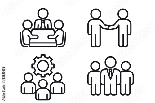Business people line icon set. Teamwork, management, meeting, and agreement icons for web and mobile apps. Vector illustration for corporate workflow and collaboration.