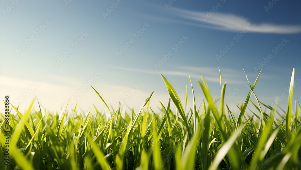 Obraz premium Vibrant young grass field with dewdrops in morning light