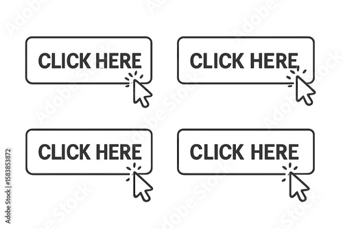 Click here button set with computer mouse pointer cursor. Modern action button collection for website design and user interface. Web link symbol and icon vector illustration.