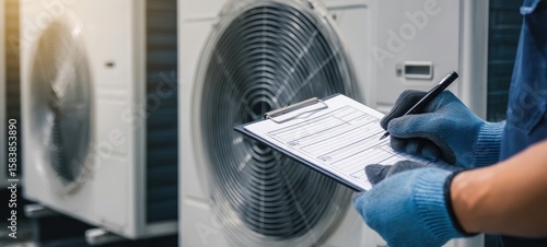 The technician performing maintenance checks on air-conditioning unit with clipboard.