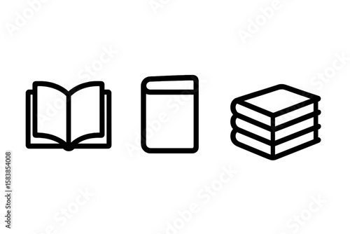 Modern Book Icons Collection – Open, Closed, and Stacked Book Outline Symbols for App UI, Website, Digital Library, and Educational Design – Minimalist Vector and Transparent PNG Set