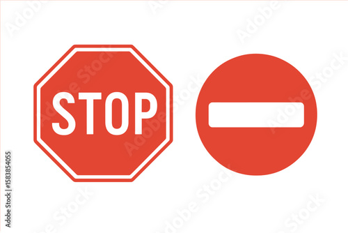Stop Sign and No Entry Sign Vector Illustration. Red Octagon Stop Symbol, Red Circle No Entry Prohibition, Road Traffic Signs, Pedestrian Warning, White Dash, Isolated PNG, Transparent Background