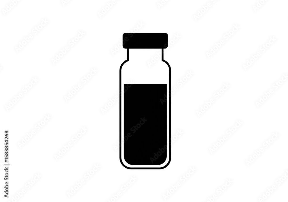 A simple graphic of a black liquid filled bottle with a black cap on a white background A simple graphic of a black liquid filled bottle with a black cap on a white background