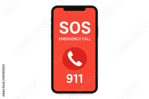 SOS Emergency Call Notification on Smartphone Screen, 911 Distress Alert, Mobile Phone Help Request, Red Alert Interface, Urgent Call for Assistance, Vector Stock Illustration