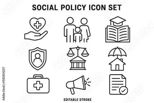 Social Policy and Welfare Icon Set – Line Style Collection of Social Services Icons Including Healthcare, Family, Education, Protection, Law, Insurance, Justice, Housing, Communication