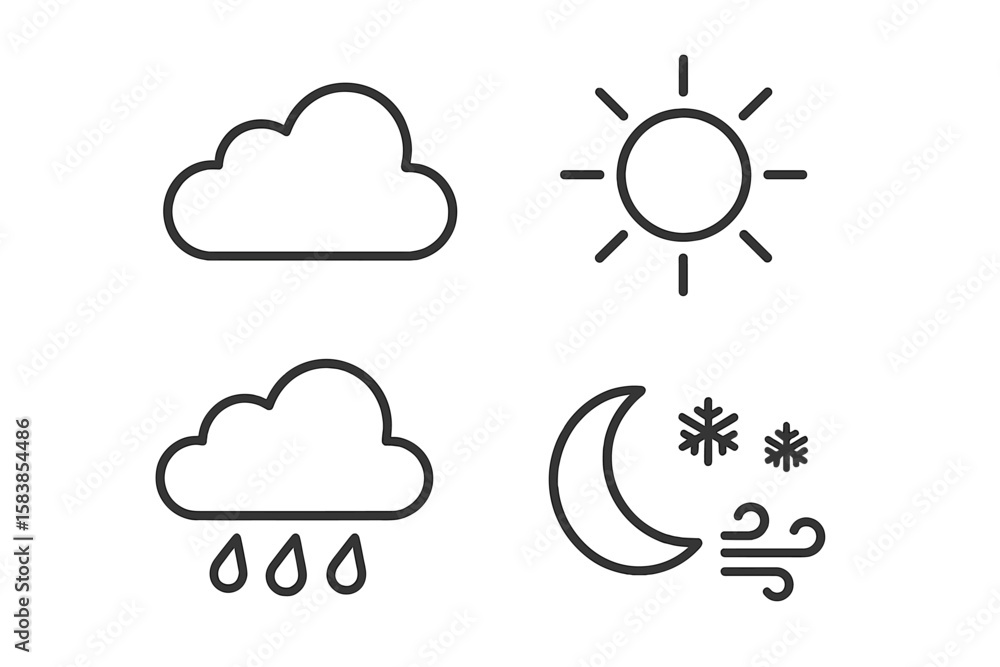 Minimalist Weather Forecast Icons Set. Line Style Vector Symbols for Web and Mobile Apps. Cloud, Sun, Rain, Wind, Snowflake. Simple Outline Climate Elements for UI, Meteorology, Forecast, Seasons Minimalist Weather Forecast Icons Set. Line Style Vector Symbols for Web and Mobile Apps. Cloud, Sun, Rain, Wind, Snowflake. Simple Outline Climate Elements for UI, Meteorology, Forecast, Seasons