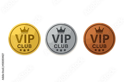 VIP Club Membership Badges Set. Gold, Silver, Bronze Round Labels with Crown and Stars. Premium Member Icons. Exclusive Loyalty Reward Emblems. Modern VIP Club Level Tags for Special Access