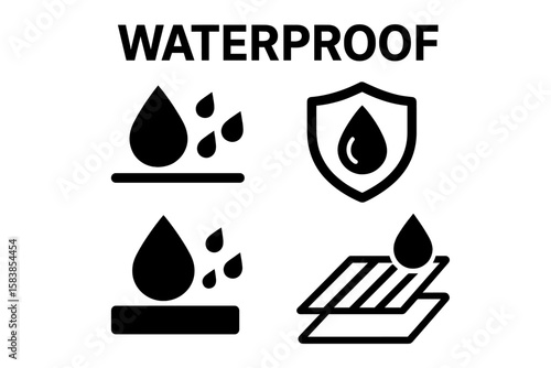 Waterproof Icons Collection. Water Resistant Symbols Set. Waterproof Protection, Liquid Proof, Anti Wetting Material, Water Repellent, Shield with Water Drop, Surface Protection, Vector Illustration