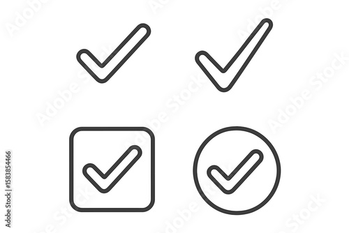Check mark icon set in thin line style. Approve, correct, and validation symbols for web and mobile app interfaces. Quality check, success, and confirmation vector signs.