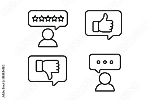 Customer satisfaction vector icons. User feedback and client review linear symbol set. Includes star rating, like, dislike, and customer experience evaluation icons for web.