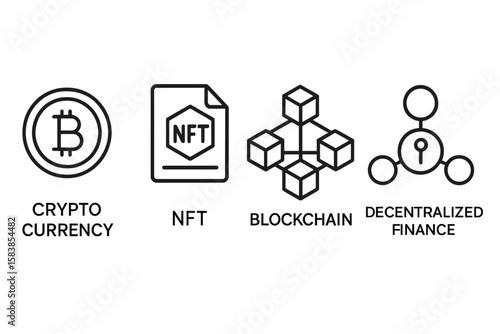 Cryptocurrency line icon set. Crypto technology, blockchain concepts. Simple vector icons for web, mobile app. Bitcoin, NFT, decentralized finance, DeFi pictogram collection.