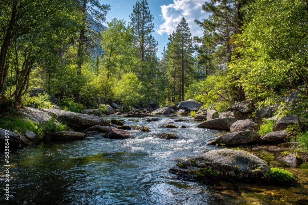 Obraz premium Majestic mountain river flows gracefully over rocks beneath a blue sky and lush greenery in a tranquil natural setting
