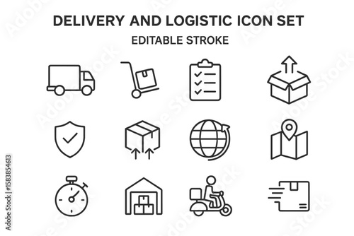 Delivery and logistic icon set. Shipping service thin line icons for web and app. Includes truck, courier, package tracking, and warehouse. Editable stroke vector symbols.