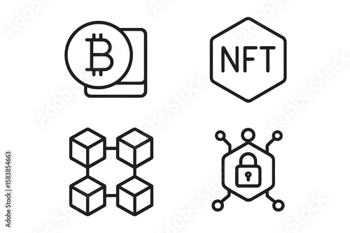 Cryptocurrency icon set. Blockchain technology, bitcoin payment, NFT token and crypto security icons. Fintech, digital money, decentralized finance and web3 concepts for web.