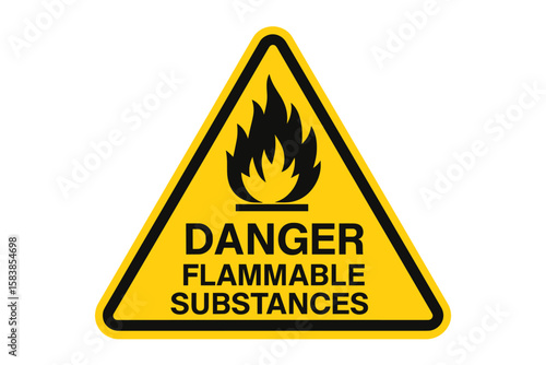 Danger flammable substances warning sign. Fire hazard symbol in yellow triangle. Safety first concept for combustible materials. Industrial safety label vector illustration isolated.
