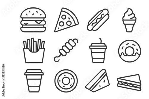 Fast food line icon set. Simple black and white outline symbols for restaurant menu. Vector collection of junk food signs: burger, pizza, hot dog, fries, donut, drink.