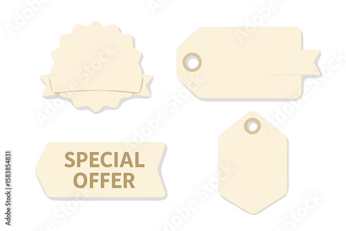 Vintage paper price tags and labels set. Special offer banner, sale badge, and empty gift tag for retail promotion, e-commerce discount, and product marketing design.