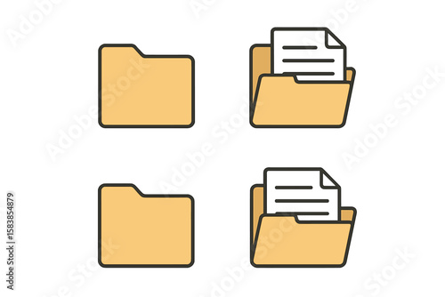 Folder icon set. Open and closed folders with documents. Flat vector illustration for web design, UI, UX. Office data storage, file organization, and directory symbol.