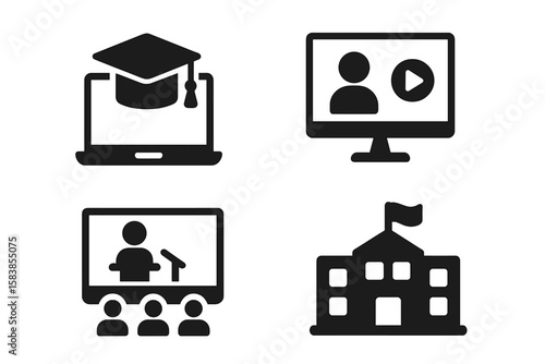 Online education and e-learning solid icon set. Vector glyphs for distance learning, webinar, video tutorial. Digital school, university graduation for web, mobile app UI.