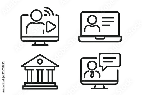 E-learning line icon set. Online education, distance learning, video tutorial, webinar pictogram. Digital classroom, online course, school, university vector symbol for web.