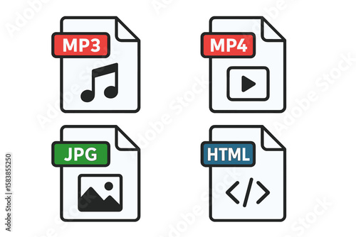 File type icon set for MP3 audio, MP4 video, JPG image, and HTML web code. Modern flat design document symbols for UI, web design, and presentations. Vector graphic file extension labels.