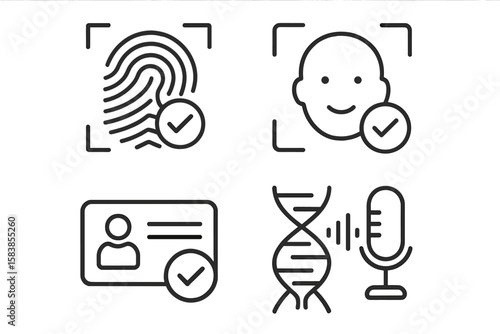 Identity verification line icon set for security systems. Biometric authentication concepts: fingerprint scan, face recognition, voice ID, DNA analysis, personal ID card.