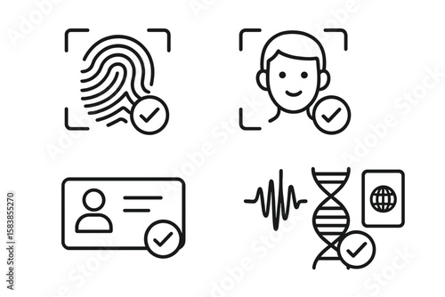 Identity verification line icon set. Biometric authentication for security and access control. Includes fingerprint, face recognition, ID card, voice, DNA, and passport icons.