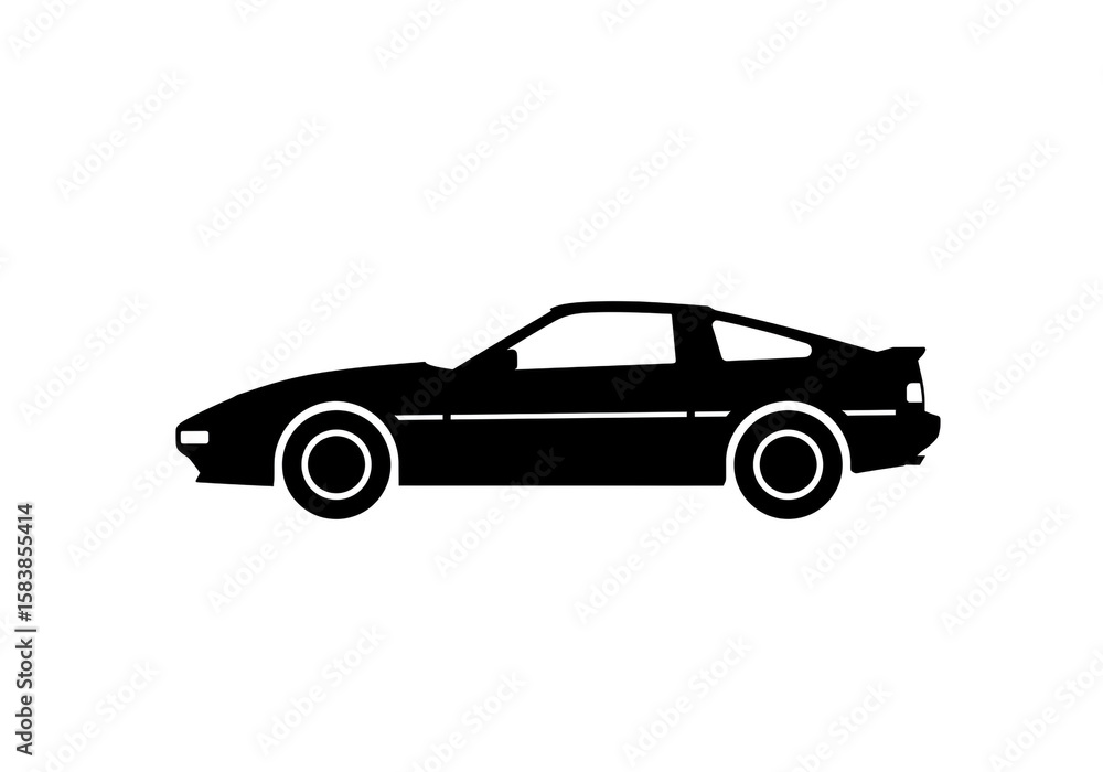 Naklejka premium Silhouette of a black sports car with visible wheels and spoiler on a white background