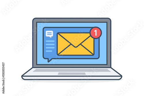 Laptop with New Email Notification Icon, Online Chat Message Alert, Digital Envelope Symbol, Unread Email Inbox, E-Mail Marketing, Internet Communication, Digital Messaging, Remote Work Concept