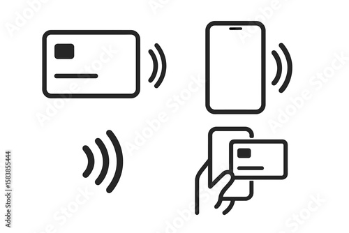 Contactless NFC Payment Technology Icons Set – Wireless Payment with Credit Card, Smartphone, Mobile Phone – Tap to Pay, Digital Wallet, Secure Payment, Modern Financial Transaction Symbols