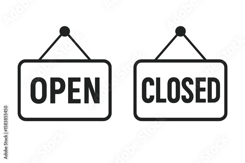 Minimalist Open and Closed Sign Vector, Black and White Hanging Door Plate Icon, Transparent Background, Storefront Business Shop Entrance, Modern Retail Signage, Editable PNG Illustration
