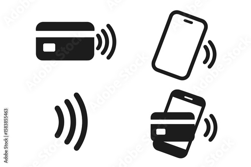 NFC Wireless Payment Icons Set. Contactless Payment Technology. Mobile Phone and Credit Card Tap Symbols. NFC Payment with Smartphone. Digital Wallet. Secure Transaction. Wireless Commerce Concept
