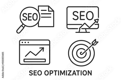 SEO Optimization Line Icons Set. Search Engine Marketing, Business Traffic Analysis, Website Ranking, Target Audience, Digital Strategy, Web Analytics, Growth Arrow, Thin Outline Vector Illustration