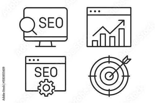 SEO Optimization Line Icons Set – Search Engine Marketing, Web Analytics, Business Growth, Target Audience, Website Traffic, Gear Settings, Data Analysis, Digital Strategy