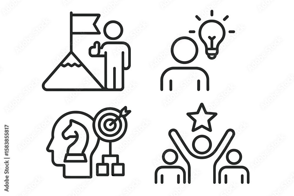 Obraz premium Business Success and Achievement Icons Set. Linear Style Vector Collection. Leadership, Innovation, Strategy, Teamwork, Winner, Goal, Motivation, Business Development, Career Growth, Achievement